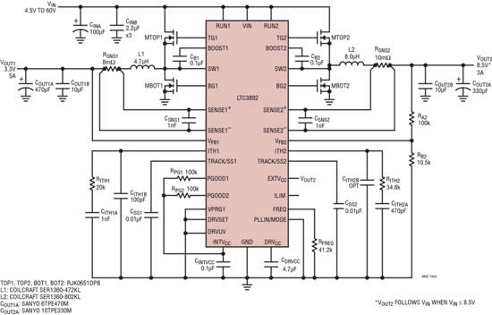 图 1:LTC3892 原理图,4.5V 至 60V 输入转换至 8.5V/3A 和 3.3V/5A 输出