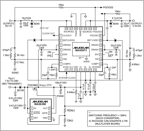 图 6. MAX5073 2MHz buck转换器配合MAX6398保护开关的典型电路,该设计具有高性能以及较高的抗干扰能力。