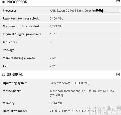 AMD全新低功耗版Ryzen 7 2700E处理器曝光
