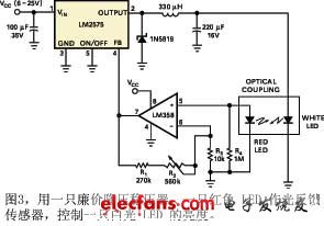 图3用一只廉价降压稳压器一只红色LED作光反馈传感器控制一只白光LED的亮度