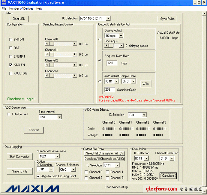 图4. MAX11040EVKIT GUI允许用户方便地设置各种测量条件:12.8ksps、256采样点/周期和1024次转换。此外,GUI的计算部分提供了一个进行快速工程运算的便捷工具。