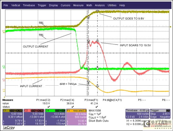 Figure 4. This is a zoom of Figure 3. Notice the high di/dt during turn-off and that some of the stored energy has reached the output! This event destroyed the USB switch.